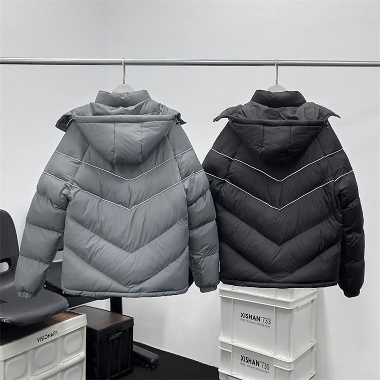 Men's American Style Black Hooded Jacket: Reflective Stand Collar, Winter Cotton, Casual Loose Fit.