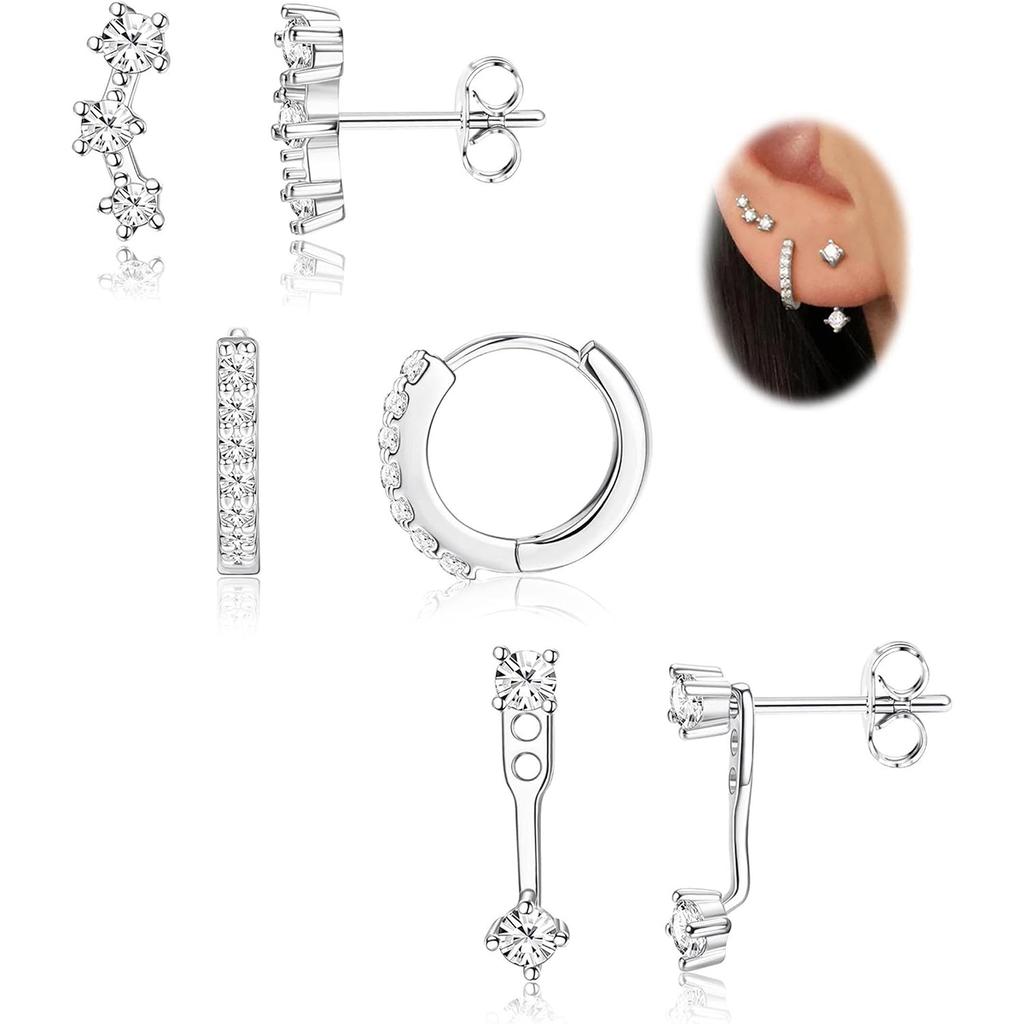 3 Pairs 316L Surgical Steel Hypoallergenic Earrings Set for Multiple Piercing Stud Huggie Small Hoop Earrings for Sensitive Ears