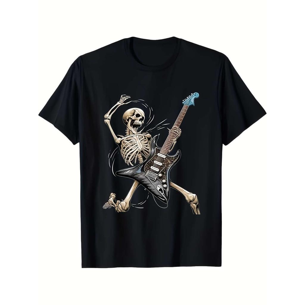 Skeleton Guitarist Graphic Tee for Men Women Soft Breathable Crew Neck T-Shirt for Concerts Daily Wear