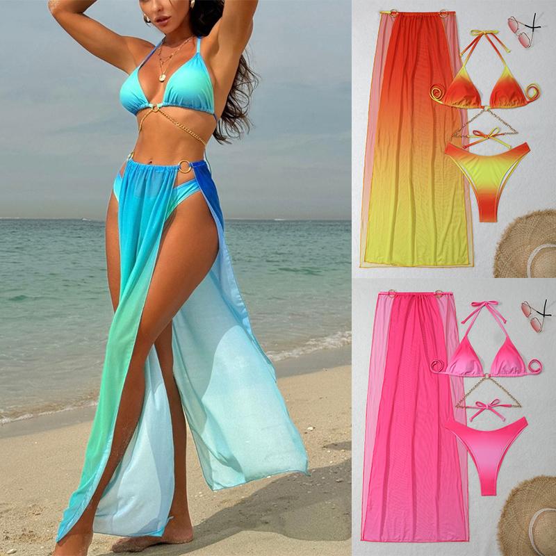 Sexy with Cover Up Gradient Halter Bikini 3PCS Female Swimsuit Women Swimwear Three-pieces Bikini Set Bather Bathing Suit Swim