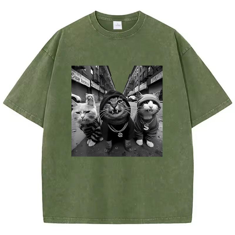 Уличная футболка с кошкой в стиле хип-хоп Винтажная стираная хлопковая футболка Графическая футболка Повседневная уличная одежда Весенняя летняя футболка