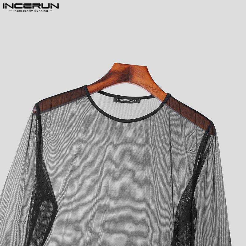 INCERUN Мужские прозрачные топы в сеточку с круглым вырезом и длинными рукавами