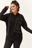 Women's Style Big Size Sweatshirt Large Size Leather Pocket Detailed Stone Embroidered Black Sweatshirt