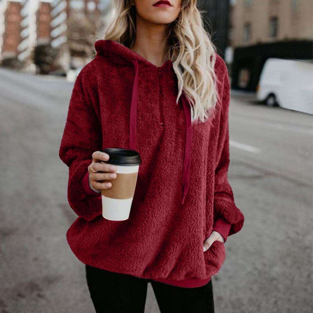 Winter Women Long Sleeve Fleece Hooded Sweatshirt Pullover Warm Jumper Sweaters With 1/4 Zip