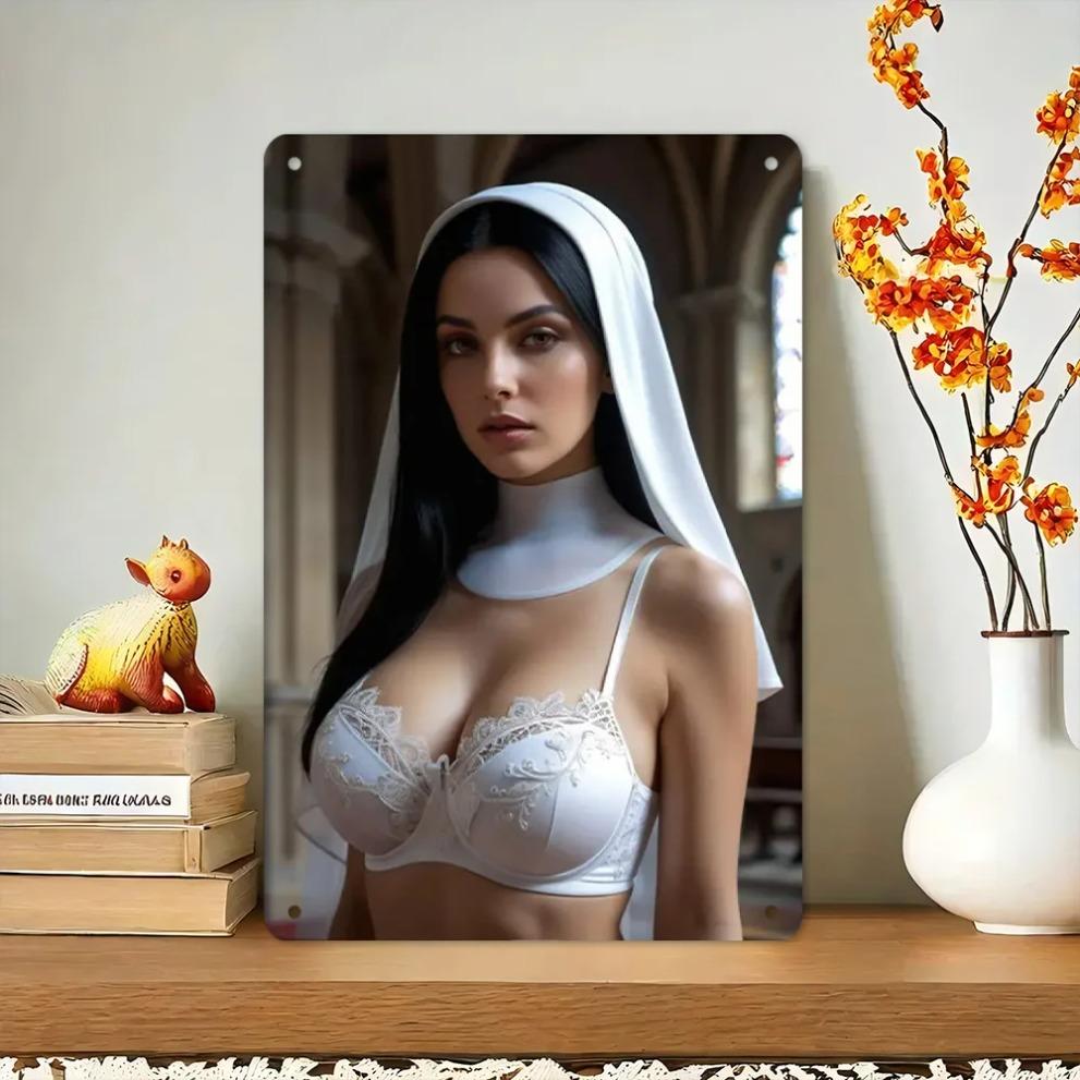 Металлическое настенное искусство 'Церковь Мечты' 8x12" - Элегантный религиозный декор для дома, Настенное панно 'Кружевной Вуаль Монахини'