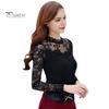 Women Bottoming Tops Stand Collar Long Sleeve Embroidery Lace Floral Pattern Pullover Tops Solid Color Slim Fit Mesh Yarn Tops