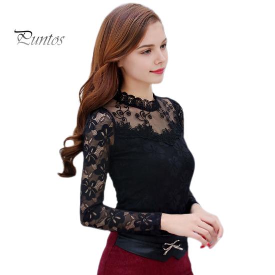 Women Bottoming Tops Stand Collar Long Sleeve Embroidery Lace Floral Pattern Pullover Tops Solid Color Slim Fit Mesh Yarn Tops