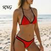 Sexy Swimwear Women Triangle Bikini Set, Halter Tie Top & High Cut Thong, Summer Two Beach Set Piece Swimsuit, Contrast Color Bathing Suit for
