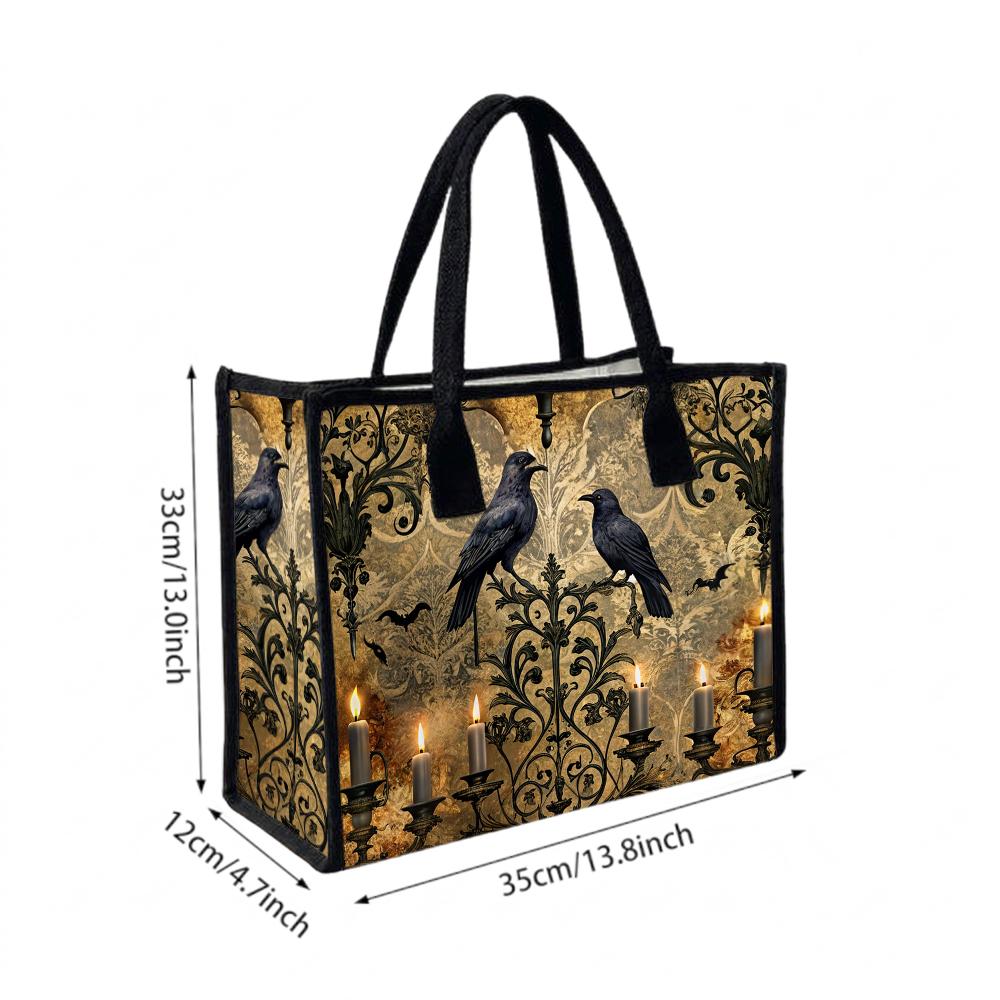 Gothic Raven Crow Candle Printed Large Tote Bag Vintage Pattern Casual Daily Shoulder Bag For Women