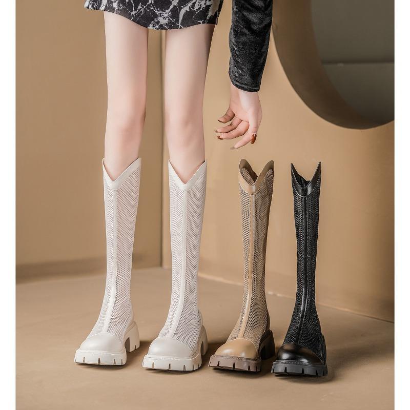 Летние длинные холодные сапоги для женщин 2025 Новые V-образный вырез Дышащая сетка Рыцарские сапоги Модные на толстом каблуке Полая сетка Крутые сапоги