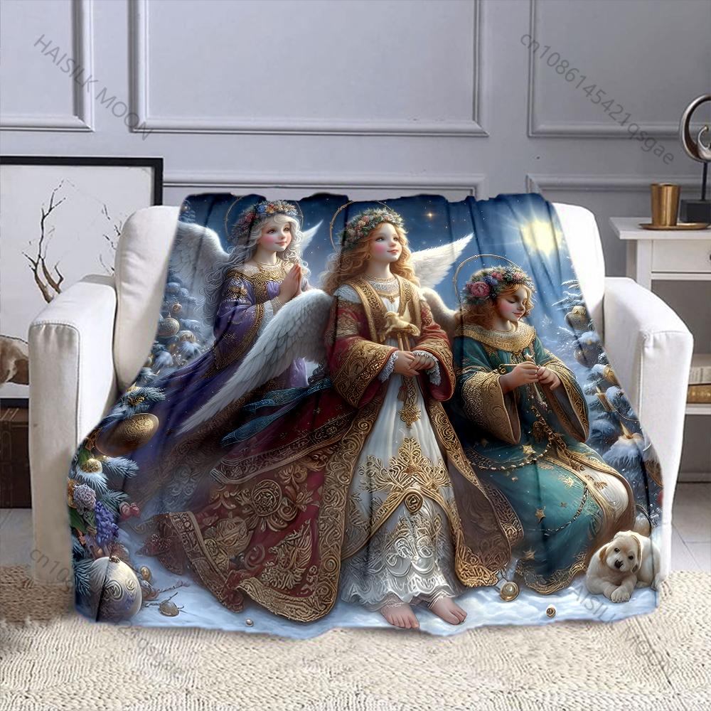 Multi-Sizes Christmas Angel Print Blanket Soft and Warm for Bed Sofa Outdoor Travel Cover Blanket Holiday Luxury Gifts