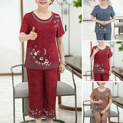 Женский повседневный комплект из двух предметов из тонкого ледяного шелка с круглым вырезом, короткими рукавами и широкими брюками, весна-лето, большие размеры