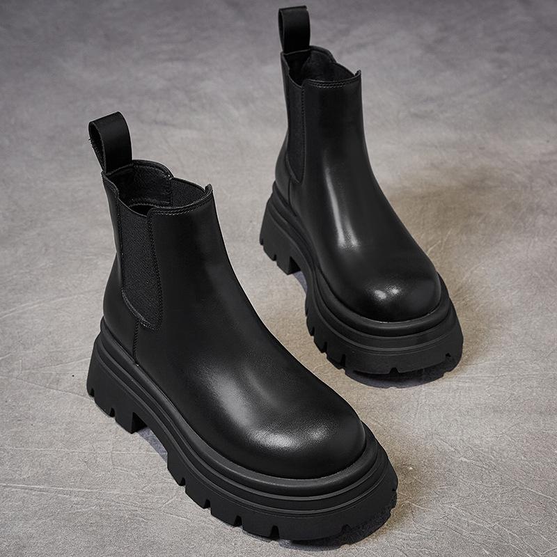 Women's 2024 Spring/Fall Fashionable Thick-Soled Chelsea Boots with Slim Fit and Genuine Leather Thick-Heeled Design