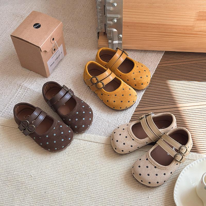 Girls' Korean-style suede polka dot leather shoes, new spring and autumn soft-soled toddler princess shoes, forest-style single shoes