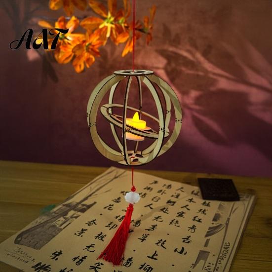 Lantern with Rabbit DIY Kit for Mid-Autumn Festival, Hollow Wooden Rotating Ring Hand Painted Lanterns Rabbit, Handmade LED Candle Toy Tassels