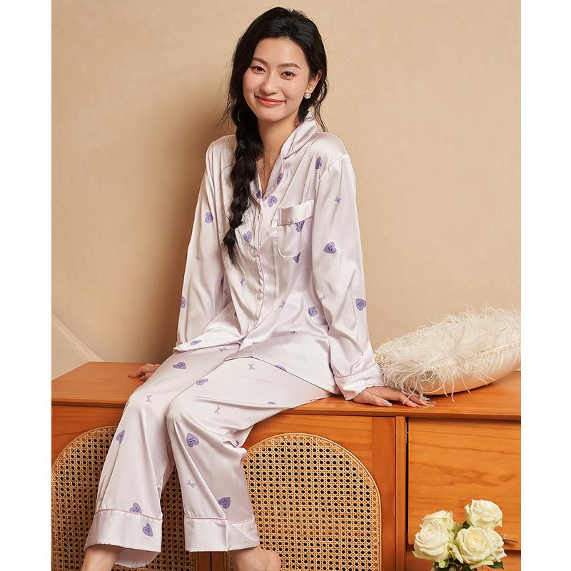 Jiangnan He 1011 new pajamas women's spring and summer printing love ice silk long-sleeved trousers loungewear set
