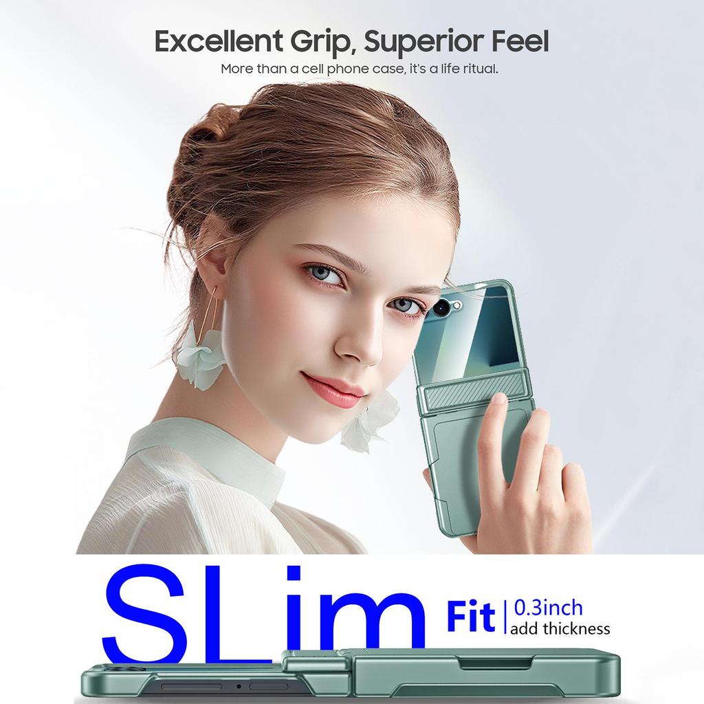 Для Samsung Galaxy Z Flip 7 с держателем для карт [RFID-блокировка] и защитой шарнира и HD-защитой экрана, Прочный противоударный чехол для телефона - Мятно-зеленый
