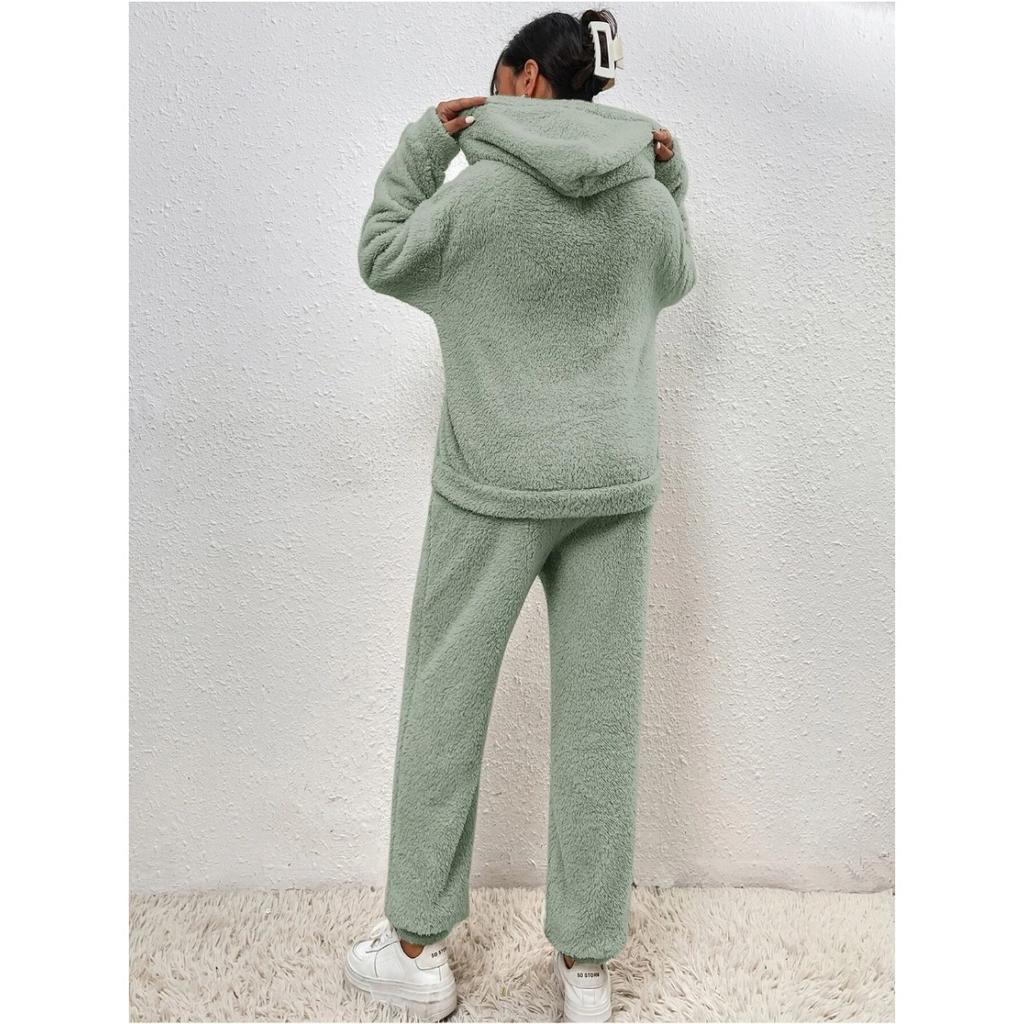 Осенне-зимняя однотонная женская одежда, худи с длинным рукавом, накладной карман, повседневные брюки, домашний комплект из двух предметов