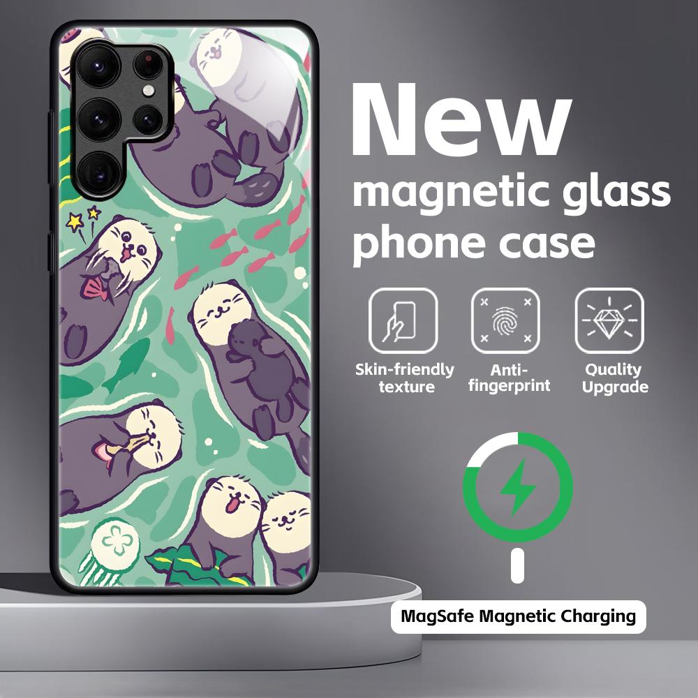 Милый Чехол для Телефона с Выдрой Для Samsung S26 S25 S24 S23 S22 S21 Plus Ultra Note20 Стеклянный Магнитный Чехол