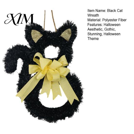 Spooky Entrance Ornament Halloween Cat Wreath, Cute Black Shape Door Hanging Ornament, Glitter Tinsel Decor Wreath with Bow for Mantel, Wall, Window,