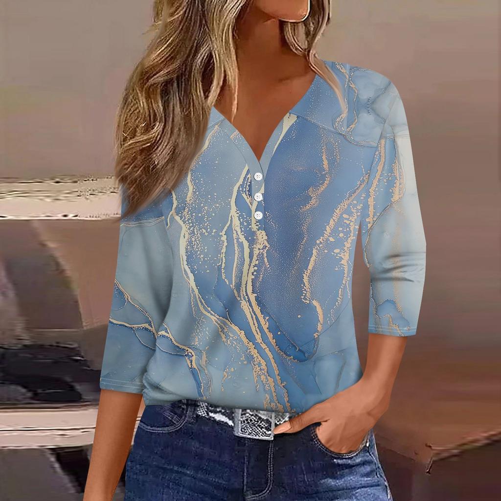 Women's 3/4 Sleeve T Shirts V Neck Button Summer Tops Business Casual Basic Tees Blouse