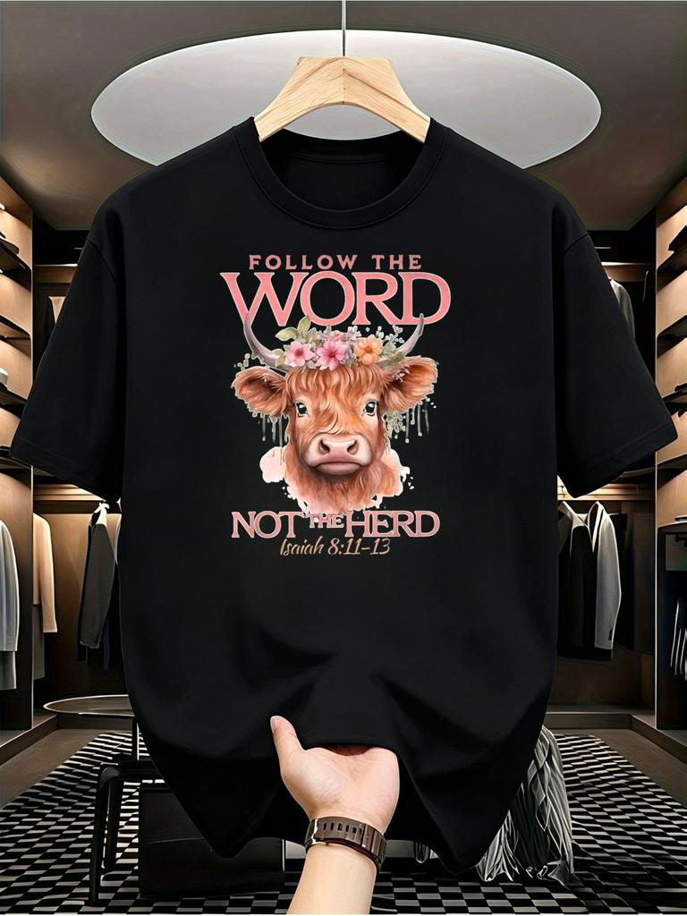 1pc Mens Graphic T Shirt Follow The Word Not The Herd Highland Cow with Floral Crown Print Short Sle
