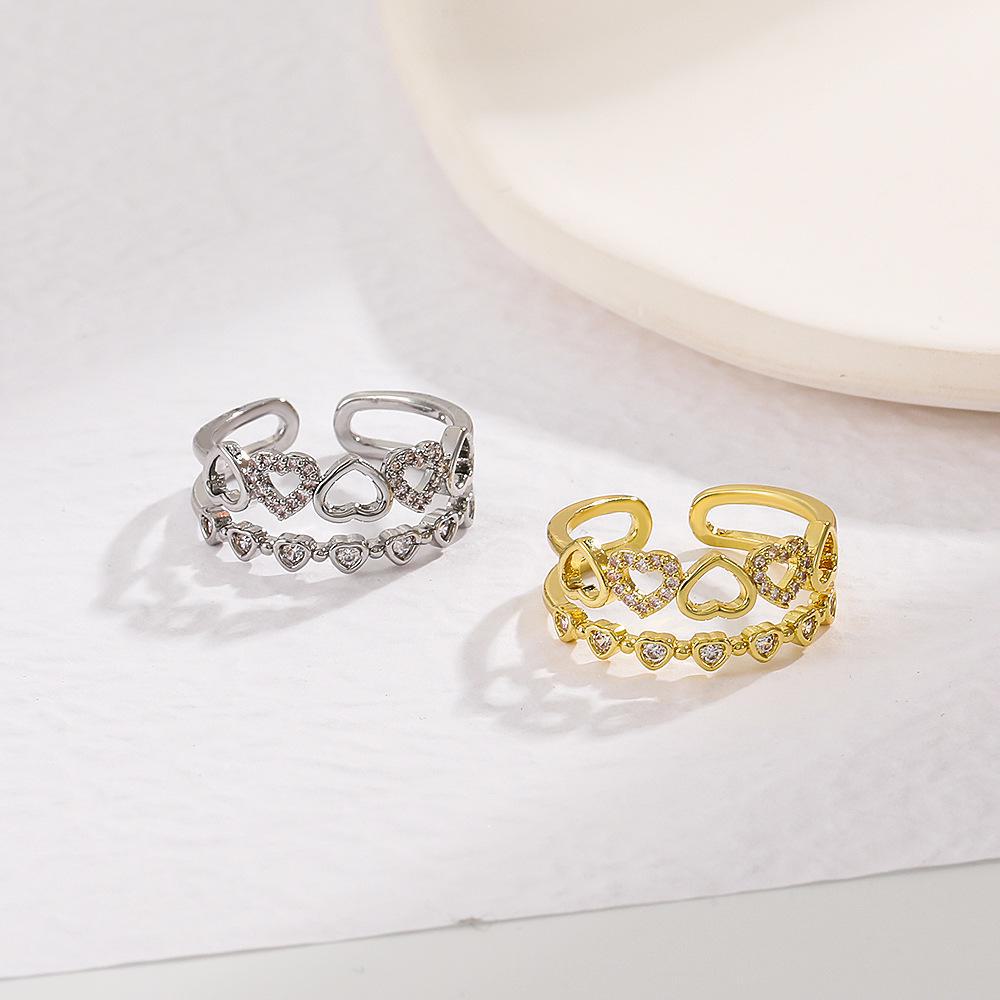 Европейское и американское двухслойное кольцо в форме сердца: Женская мода класса люкс с открытым дизайном, инкрустированным бриллиантами