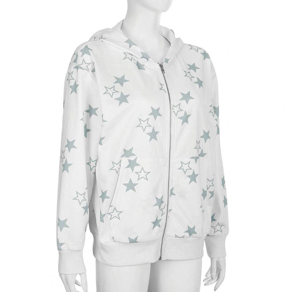 Hoodie Coat Star Print Pockets Zipper Closure Elastic Thread Cuff Long Sleeve Relaxed Fit Unisex Hooded Streetwear Hip Hop Fall Winter