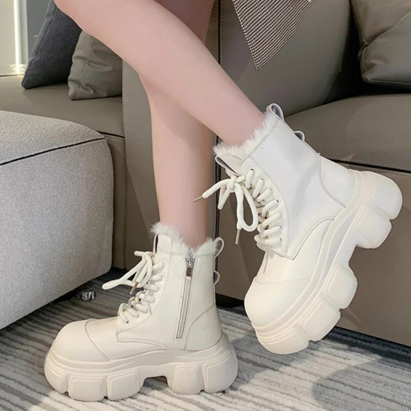 Обувь для женщин 2024 года, горячая распродажа, женские ботинки на шнуровке, зимние, с круглым носком, сплошные, плюшевые, теплые, на платформе, водонепроницаемые, модные, голые ботинки