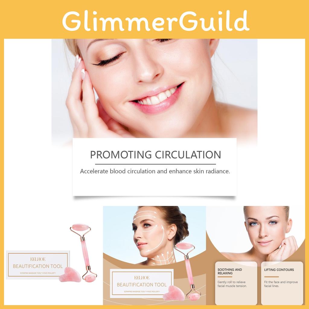 Eelhoe Роллер из розового кварца Массажный набор для успокоения кожи, подтяжки, инструмент для ухода за красотой