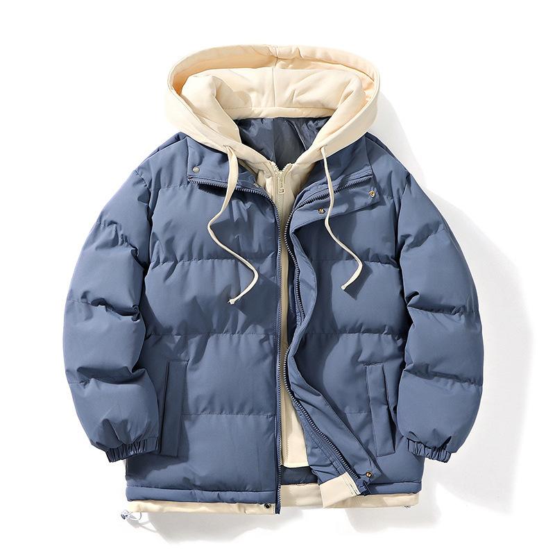 Зимняя хлопковая одежда в гонконгском стиле, имитация двойки, модная, стильная, короткая, мужская, с капюшоном, утолщенная, на хлопковом наполнителе, с капюшоном, свободная, мужская, страховка
