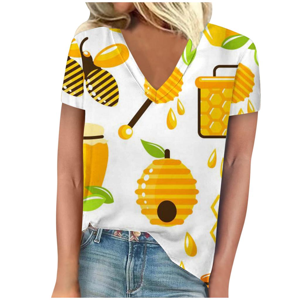 Винтажная женская футболка с принтом пчелы, с коротким рукавом, с V-образным вырезом, удобные футболки