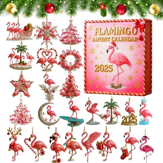 2025 Flamingo Advent Calendar 24 Days Countdown Calendar with Acrylic Flamingo Ornaments Pink Tropical Flamingo-Themed Holiday Decoration