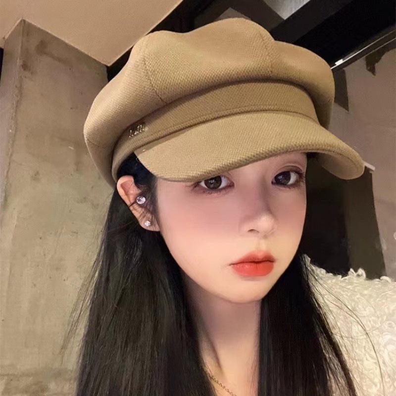 Casual Solid Color Octagonal Hat Big Head Circumference Windproof Bowler Hat Gold Label Painter Cap Women