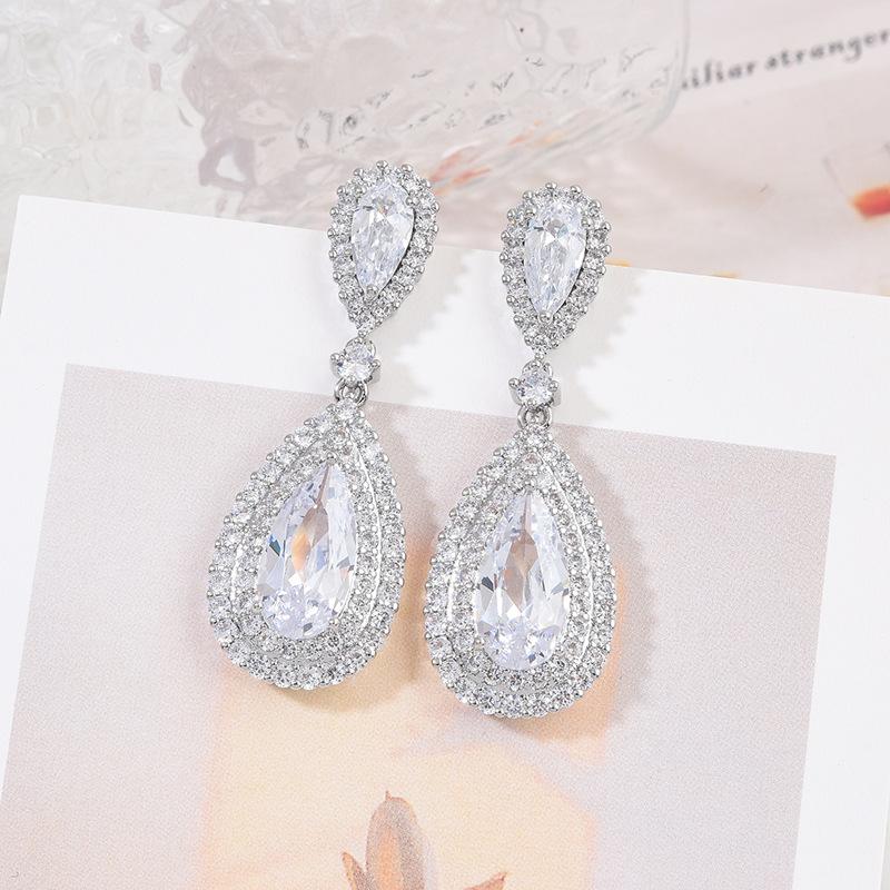 Atmospheric Rose Red Water Drop Earrings Exaggerated Women'S Stud Earrings High-End Temperament Luxury Zircon Earrings