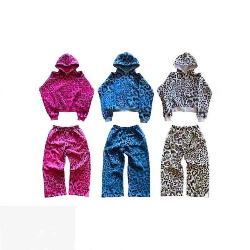 Leopard Print Hooded Oversized Sweatshirt Wide Leg Pants Set Women Streetwear Casual Two Piece Outfit