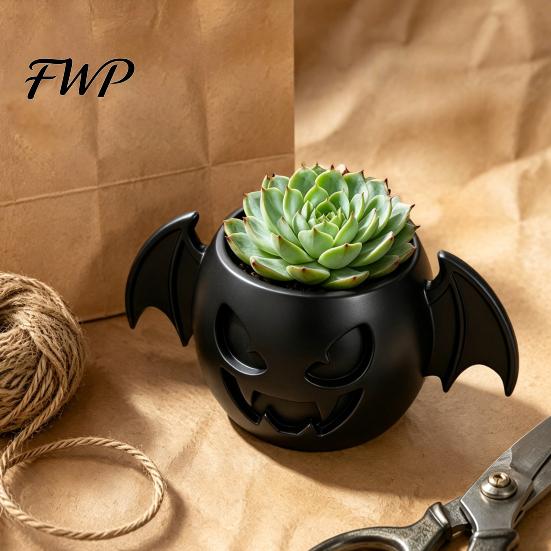 Personalized Desktop Organizer Bat Wing Pumpkin Succulents Planter, 3D Printed Halloween Gothic Small Plant Storage for Stationery Pot, Multi-Purpose