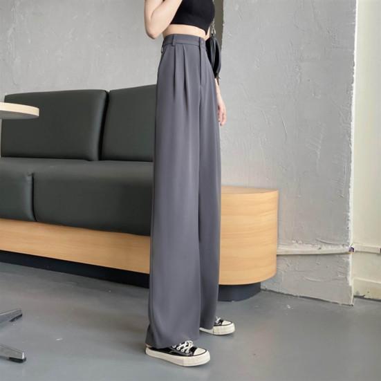 Женские однотонные костюмные брюки, эластичные прямые широкие брюки с высокой талией, свободные офисные брюки с наклонными карманами