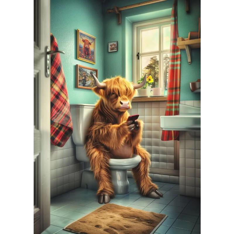 Современный лев, собака, хайленд, сидящая на унитазе и читающая газету, плакат, забавный принт с животными, картина на холсте, декор для ванной комнаты, картина