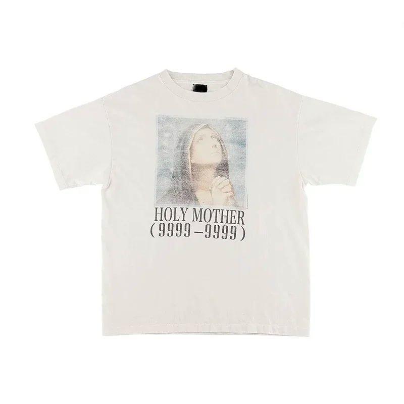 Белая серия Портрет Святого Узор с надписью Принт Хлопковая футболка с коротким рукавом в американском повседневном свободном стиле для мужчин и женщин