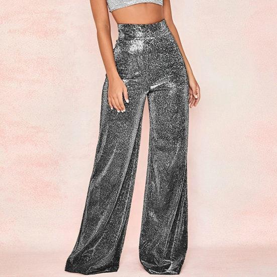 Женские брюки, блестящие однотонные брюки с высокой талией, весенне-осенние темпераментные свободные прямые широкие брюки, повседневная одежда