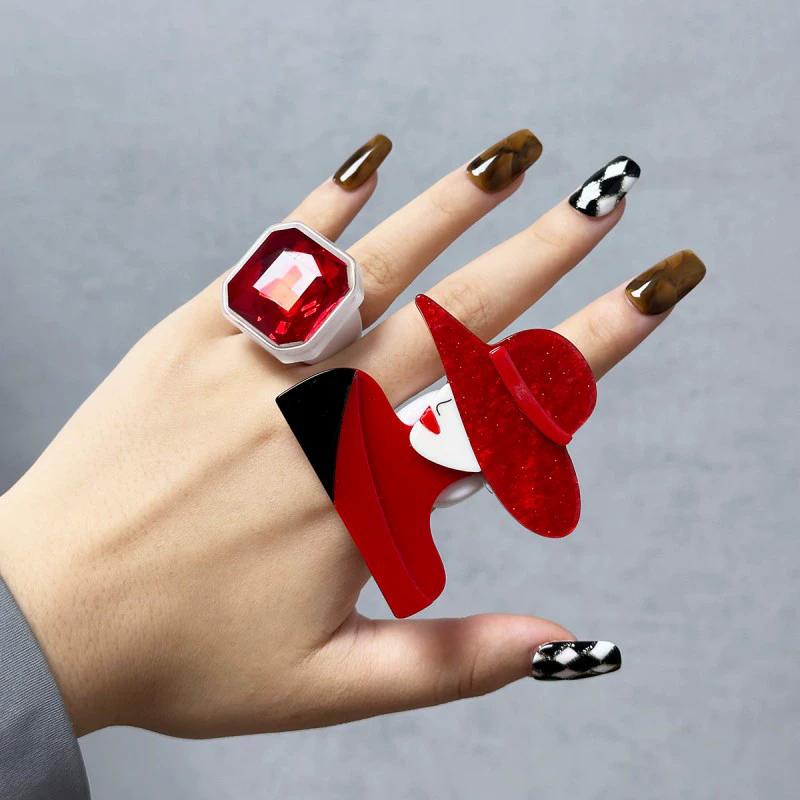 Octagonal Square Diamond Rings Acrylic Rings With Trendy Girl Patterns Wearing Hats Fashion Personalized Jewelry Accessories