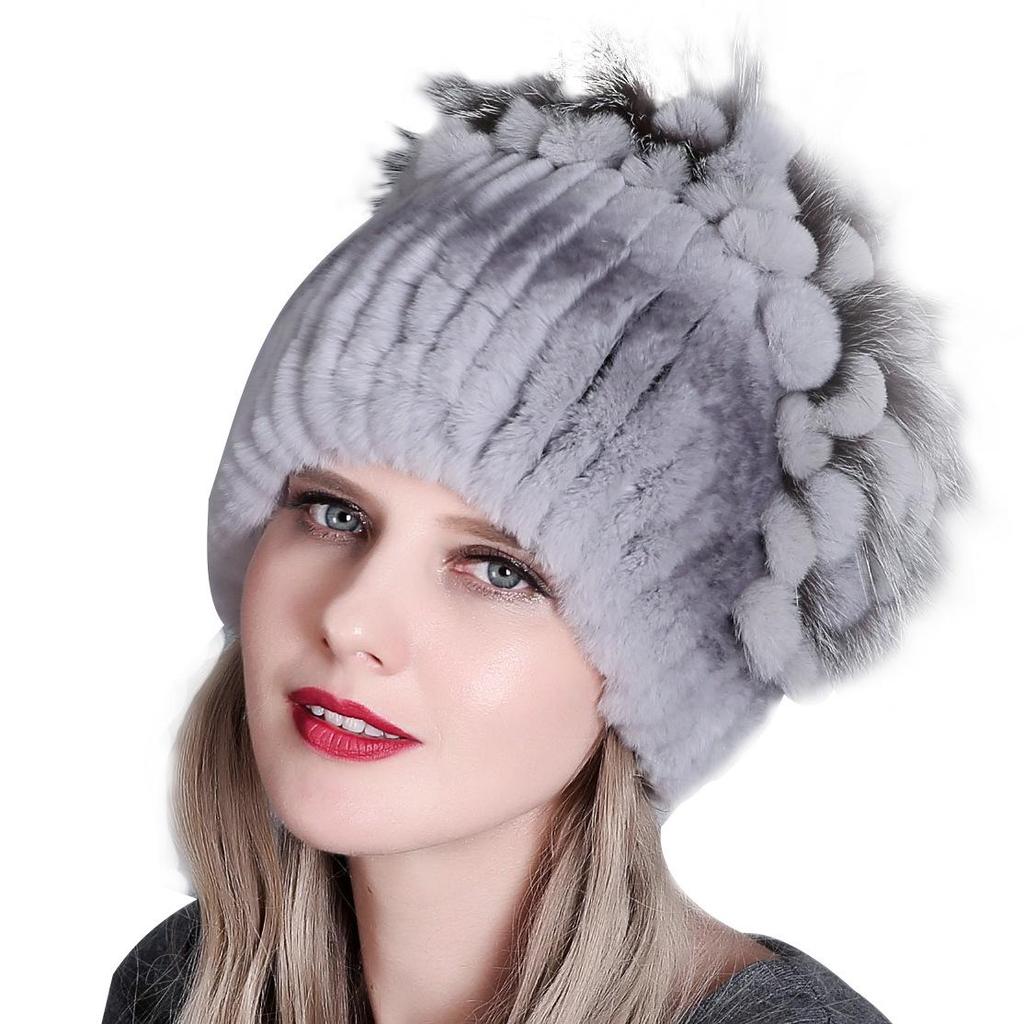Женская зимняя теплая утолщенная шерстяная шапка с мехом кролика рекс, вязаная шапка с цветком сбоку