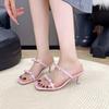 Fashion Bow Flip Slippers Women Summer Outside Wear New Square Toe Open Toe with Skirt Crystal High Heel Sandal Slippers