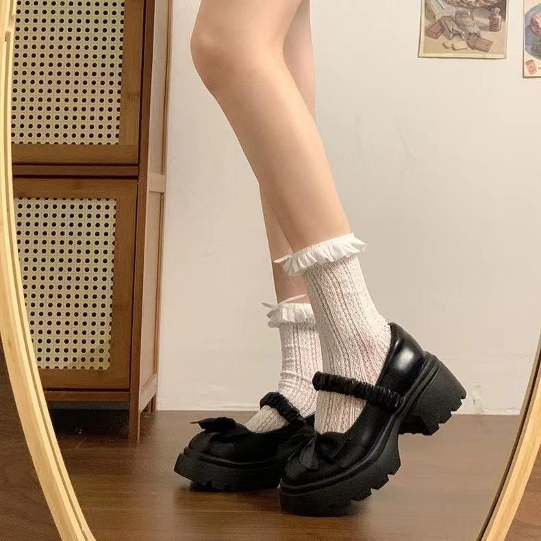 Туфли Мэри Джейн на толстой подошве, женские весенние туфли с юбкой и бантом Jk Shallow Mouth Le Fu Single Shoes, модные женские летние туфли, дышащие для жаркой погоды