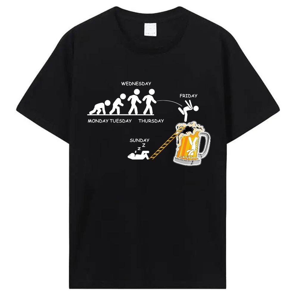Week Evolution Jump Beer Mug Cartoon Cotton Unisex Tshirt Stick Figure Weekly Drinking Graphic Tops Funny Bar Lover Street Tees