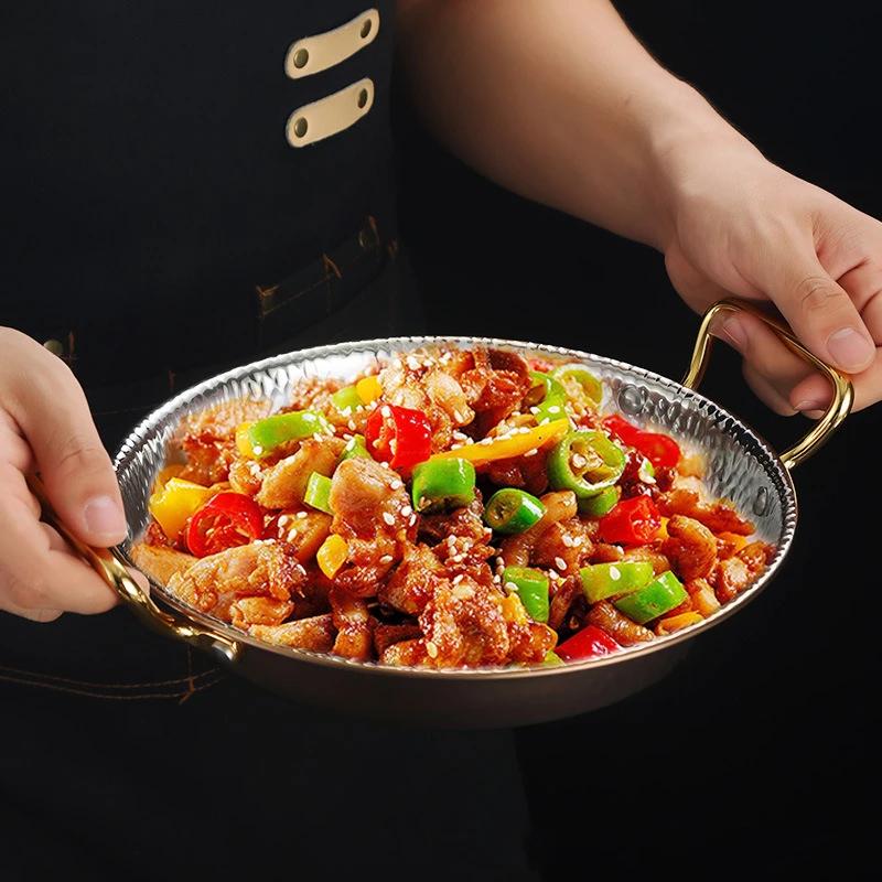 Кастрюля для испанского риса с морепродуктами из нержавеющей стали 304 Коммерческая тарелка для раков Кастрюля с плоским дном для тушеного риса Сковорода с двумя ручками для жарки хот-пот