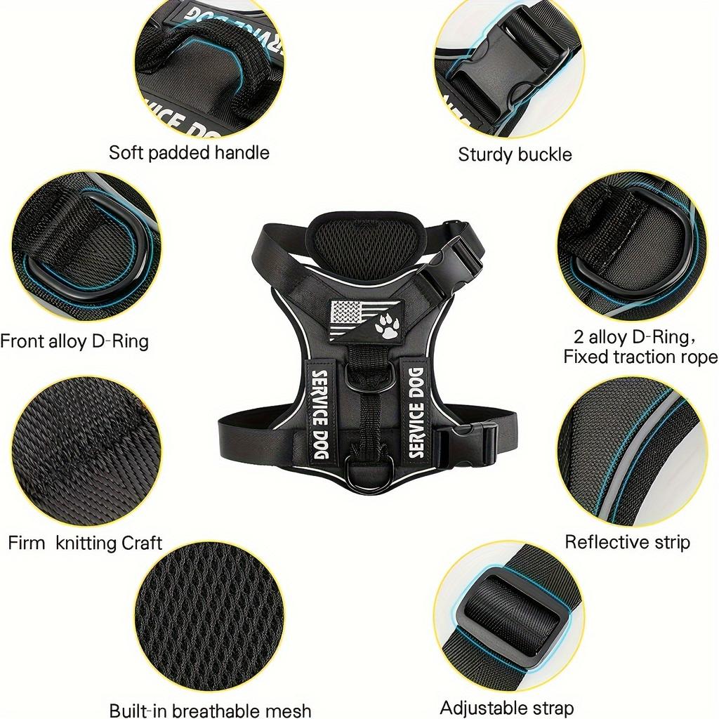 Service Dog Harness, Reflective Dog Vest Harness with 5 PCS Patches, Adjustable Soft Oxford Pet Harness, Inner Layer Mesh, Easy