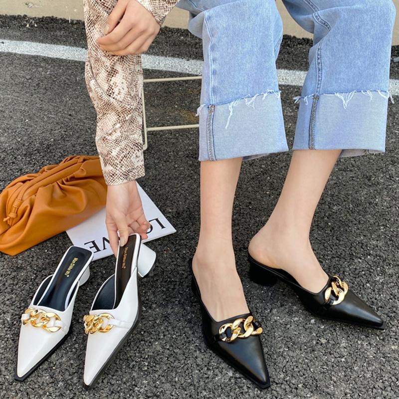 Summer Luxury Women Black High Heels Slippers Close Toe Block Heels Mules Designer Slip On Loafers Slides Party Shoes