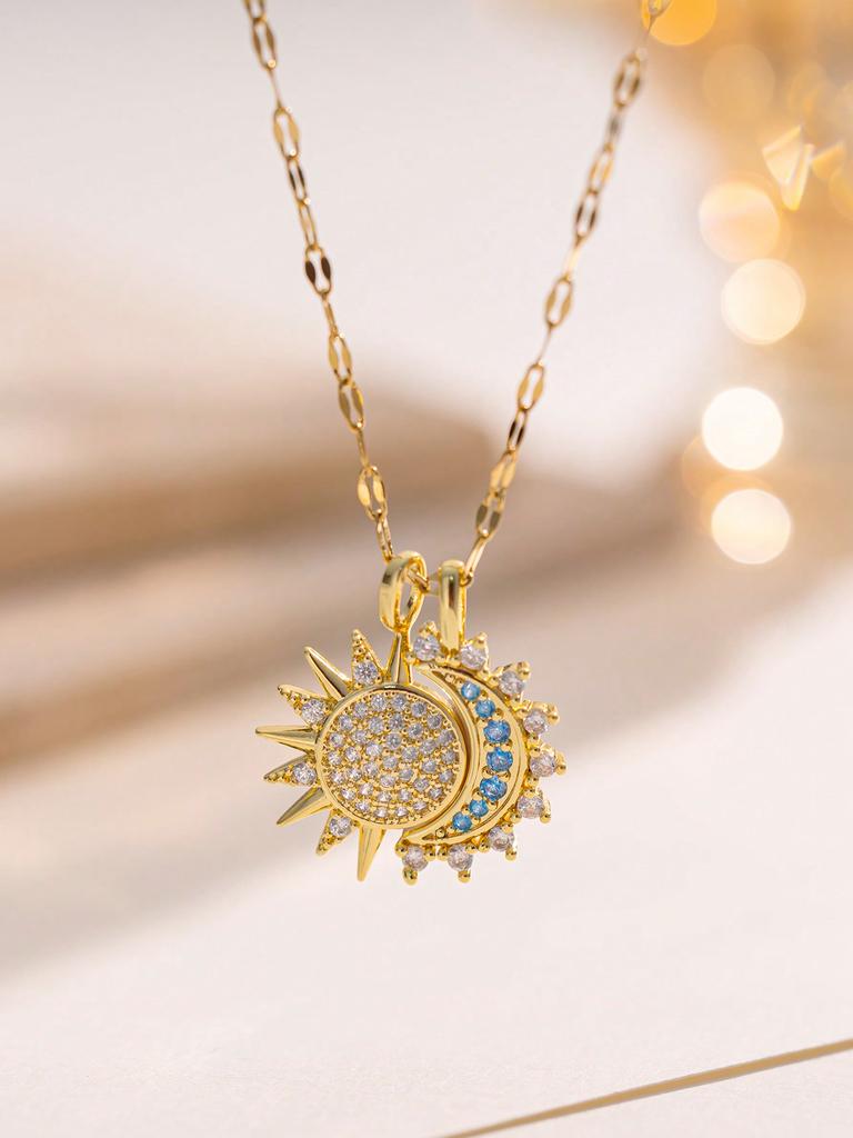 1pc Stainless Steel Partial Sun & Partial Moon Design Necklace, Creative Fashion Daily Elegant Casual Gift For Valentine's Day, Christmas, Party Wear